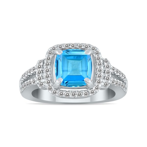 Cushion Cut Blue Topaz and Diamond Ring in 10K White Gold- SPR51004BT