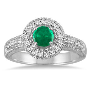 Emerald and Diamond Halo Ring in 10K White Gold- PRR51029EM