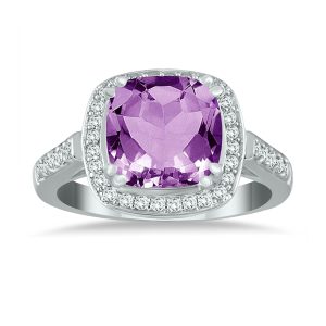 Cushion Cut Amethyst and Diamond Ring in 14K White Gold- SPR51033AM