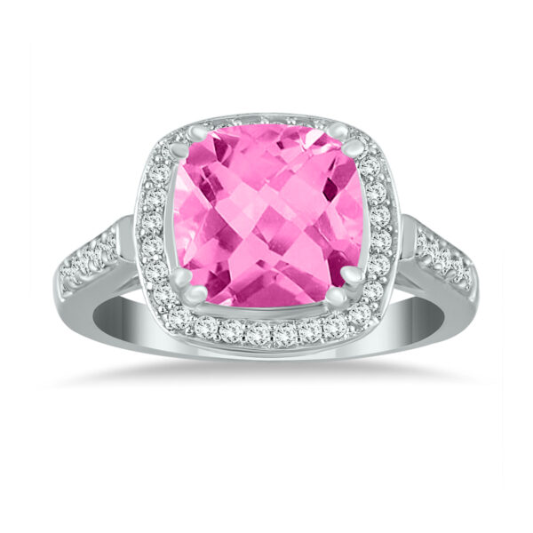 Cushion Cut Pink Topaz and Diamond Ring in 14K White Gold- SPR51033PZ