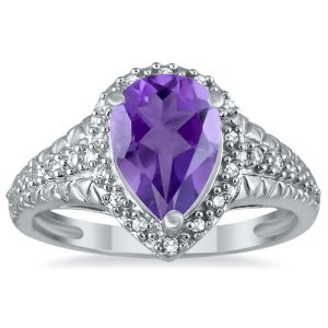 Pear Shaped Amethyst and Diamond Engraved Ring in 10K White Gold- SPR51039AM