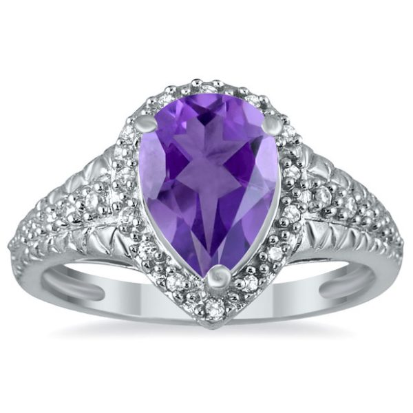 Pear Shaped Amethyst and Diamond Engraved Ring in 10K White Gold- SPR51039AM