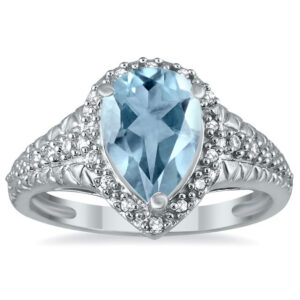 Pear Shaped Aquamarine and Diamond Engraved Ring in 10K White Gold- SPR51039AQ