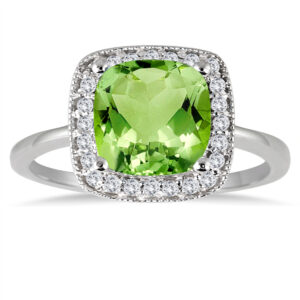 Cushion Cut Peridot and Diamond Halo Ring in 14K White Gold- SPR51275PD