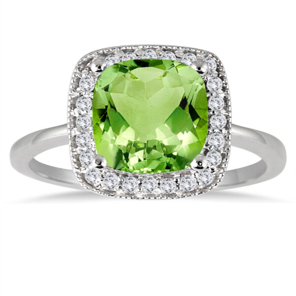Cushion Cut Peridot and Diamond Halo Ring in 14K White Gold- SPR51275PD