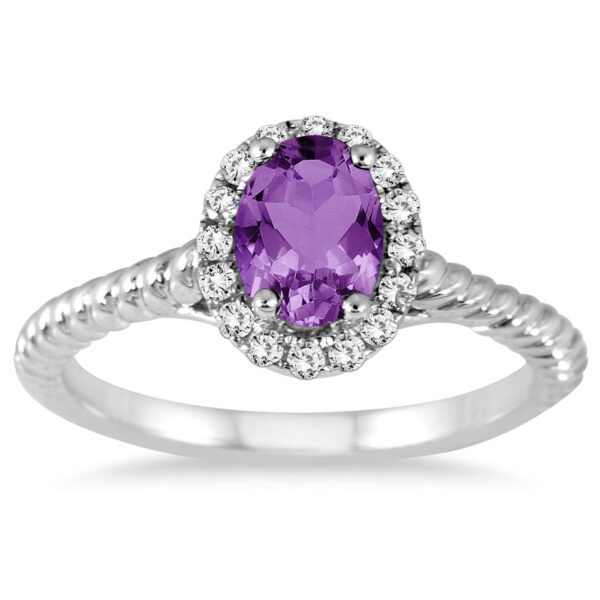 1 Carat Amethyst and Diamond Halo Rope Ring in 10K White Gold- SPR51642AM