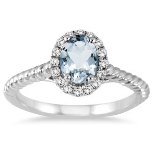1 Carat Aquamarine and Diamond Halo Rope Ring in 10K White Gold- SPR51642AQ