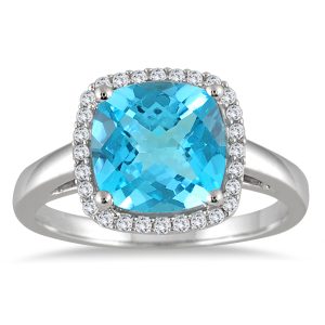 3 1/4 Carat Cushion Cut Blue Topaz and Diamond Halo Ring in 10K White Gold- SPR55175BT