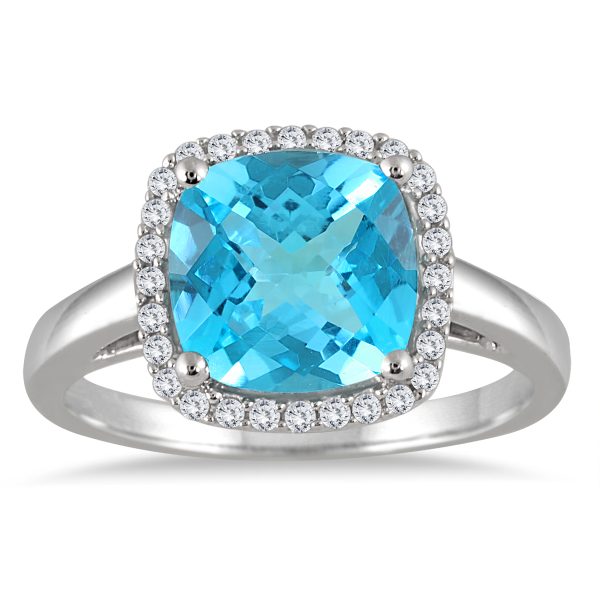 3 1/4 Carat Cushion Cut Blue Topaz and Diamond Halo Ring in 10K White Gold- SPR55175BT