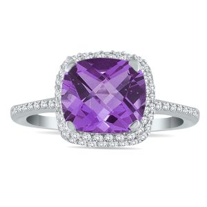 Cushion Cut Amethyst and Diamond Halo Ring in 10K White Gold- SPR55177AM