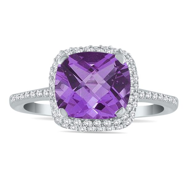 Cushion Cut Amethyst and Diamond Halo Ring in 10K White Gold- SPR55177AM
