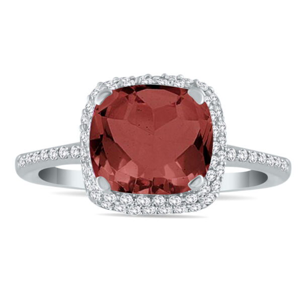 Cushion Cut Garnet and Diamond Halo Ring in 10K White Gold- SPR55177GT