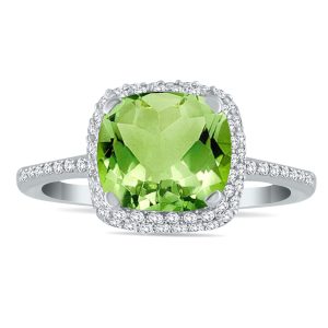 Cushion Cut Peridot and Diamond Halo Ring in 10K White Gold- SPR55177PD
