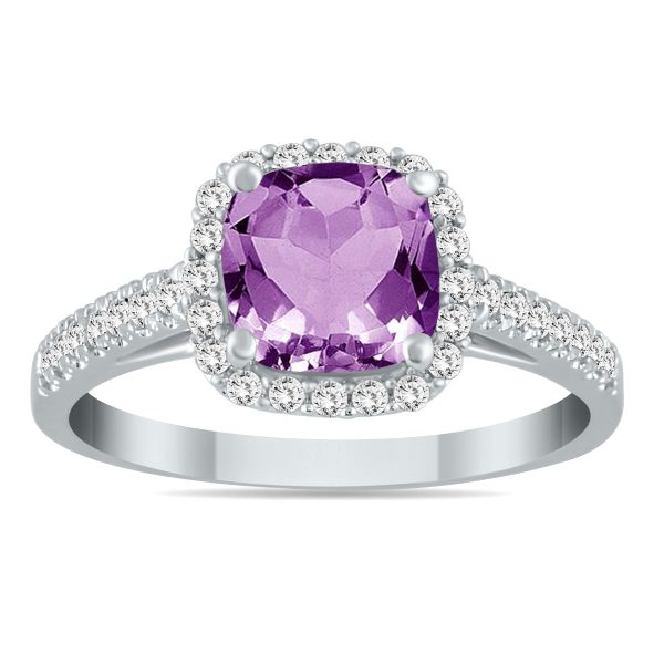 5MM Cushion Cut Amethyst and Diamond Halo Ring in 10K White Gold- SPR55178AM
