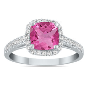 5MM Cushion Cut Pink Topaz and Diamond Halo Ring in 10K White Gold- SPR55178PZ