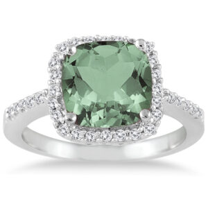 2 1/2 Carat Cushion Cut Green Amethyst and Diamond Ring 14K White Gold- SPR7774GA