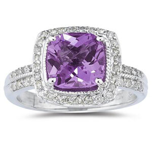 2 1/2 Carat Cushion Cut Amethyst & Diamond Ring in 14K White Gold- SPR8017AM