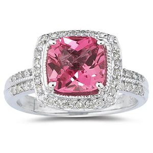 2 1/2 Carat Cushion Cut Pink Topaz & Diamond Ring in 14K White Gold- SPR8017PZ