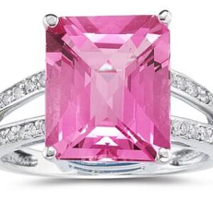 7 Carat Emerald Cut Pink Topaz and Diamond Ring 10k White Gold- SPR8047PZ