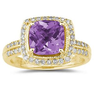 2 1/2 Carat Cushion Cut Amethyst & Diamond Ring in 14K Yellow Gold- SPR8096AM