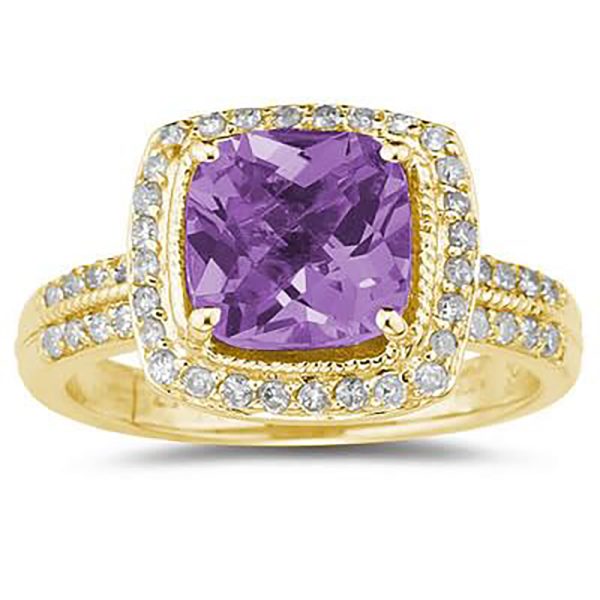2 1/2 Carat Cushion Cut Amethyst & Diamond Ring in 14K Yellow Gold- SPR8096AM
