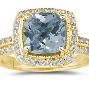 2 1/2 Carat Cushion Cut Aquamarine & Diamond Ring in 14K Yellow Gold- SPR8096AQ