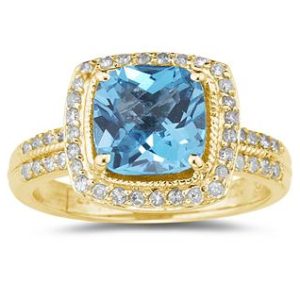 2 1/2 Carat Cushion Cut Blue Topaz & Diamond Ring in 14K Yellow Gold- SPR8096BT