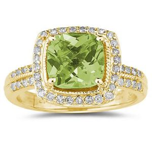 2 1/2 Carat Cushion Cut Peridot & Diamond Ring in 14K Yellow Gold- SPR8096PD