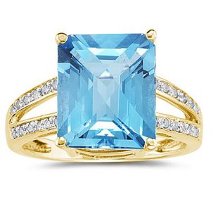 Emerald Cut Blue Topaz and Diamond Ring 10k Yellow Gold- SPR8108BT