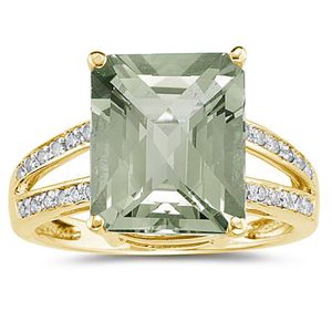 Emerald Cut Green Amethyst and Diamond Ring 10k Yellow Gold- SPR8108GA