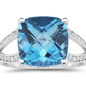 Cushion Cut Blue Topaz and Diamond Ring 10k White Gold- SPR8344BT