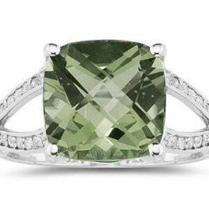 Cushion Cut Green Amethyst and Diamond Ring 10k White Gold- SPR8344GA