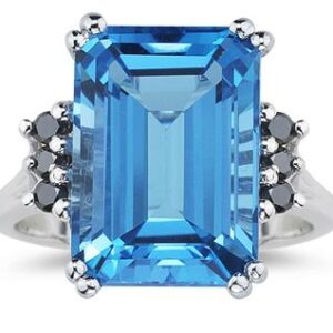 Emerald Cut Blue Topaz and Black Diamond Ring 10k White Gold.- SPR8345BDBT