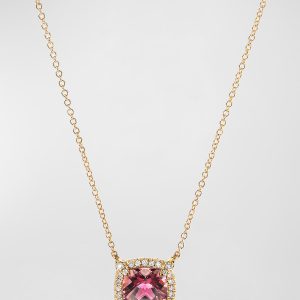 Petite Chatelaine Pave Bezel Pendant Necklace in 18K Yellow Gold with Pink Tourmaline- sku193250024