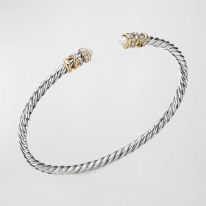 Petite Helena Open Bracelet with Diamonds and Pearls, Size M- sku200080064