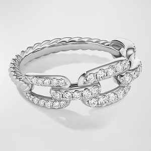 7mm Stax Chain Link Ring with Diamonds in 18k White Gold, Size 8- sku205920062