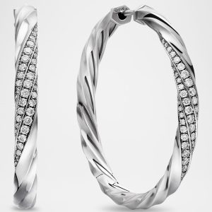 Cable Edge Hoop Earrings with Diamonds in Silver, 4mm, 1.5"L- sku207031140