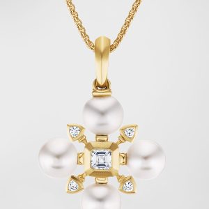 Renaissance Pendant Necklace with Pearls and Diamonds in 18K Gold, 20mm, 16-18"L- sku211890741