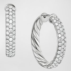 Sculpted Cable Hoop Earrings with Diamonds in Silver, 5mm, 1"L- sku218670089