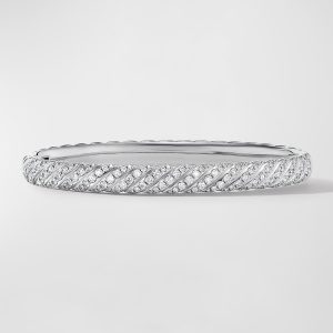 Sculpted Cable Bracelet with Diamonds in 18K White Gold, 6mm, Size M- sku221400126