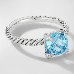Chatelaine Ring with Blue Topaz and Diamonds in Silver, 8mm, Size 9.5- sku223040370