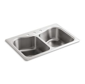 Staccato 33" x 22" x 8-5/16" top-mount double-equal bowl kitchen sink with 3 faucet holes - K-3369-3-NA