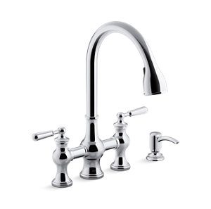 Capilano® Pull-down bridge kitchen faucet with soap/lotion dispenser - K-R21070-SD-CP