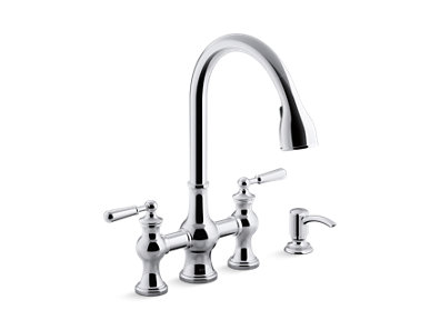 Capilano® Pull-down bridge kitchen faucet with soap/lotion dispenser - K-R21070-SD-CP