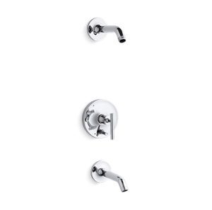 Purist® Rite-Temp® bath and shower trim set with push-button diverter and lever handle, less showerhead - K-T14420-4L-CP
