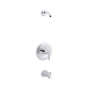 Devonshire® Rite-Temp® bath and shower valve trim with lever handle and slip-fit spout, less showerhead - K-TLS395-4S-CP