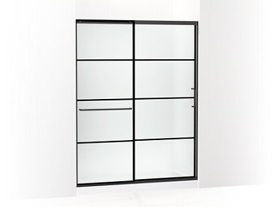 Elate Tall Sliding shower door, 75-1/2" H x 56-1/4 - 59-5/8" W, with heavy 5/16" thick Frosted glass with rectangular grille pattern - K-707615-8G80-BL