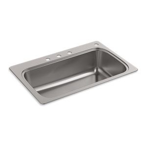 Verse 33" x 22" x 9-5/16" top-mount single-bowl kitchen sink with 4 faucet holes - K-20060-4-NA