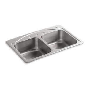Cadence® 33" x 22" x 8-5/16" top-mount double-equal kitchen sink with 4 faucet holes - K-3145-4-NA