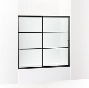 Elate Sliding bath door, 56-3/4" H x 56-1/4 - 59-5/8" W with heavy 5/16" thick Crystal Clear glass with rectangular grille pattern - K-707618-8G79-BL